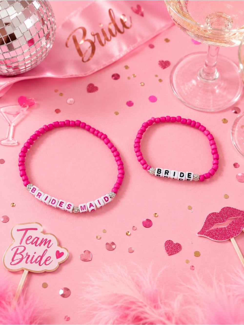 Bride & Bridesmaid Pink Bachelorette Bracelet Set 7”